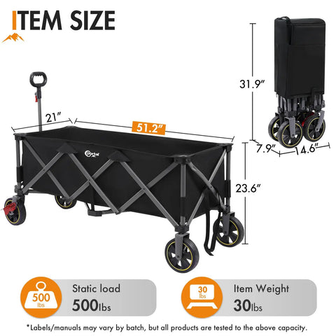 51.2 Inch Long Foldable Wagon With Brakes And Cargo Net open and folded view showing size dimensions and 500 lb capacity