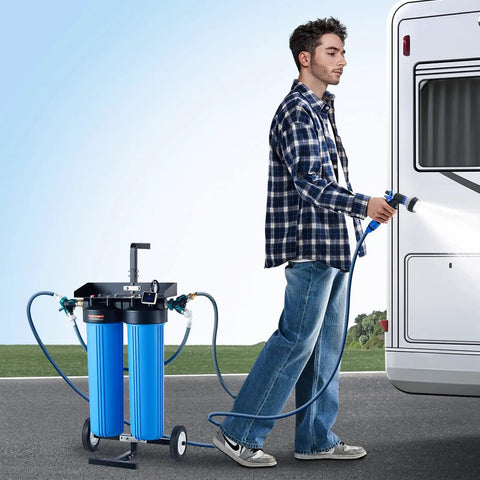 User washing RV with Deionized Water System For Car Wash With Integrated TDS Meter And Dual Outlet Mode Delivers Spotless Water And A Streak Free Finish