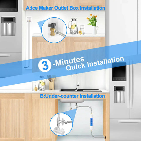 Installation guide for Top Notch Premium Stainless Steel Braided Ice Maker Water Hose under counter and at outlet box