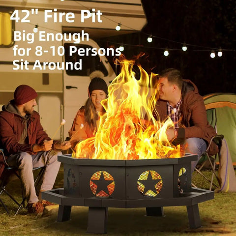 42 Inch Outdoor Fire Pit With Heavy Duty Wood Burning Design, Octagonal Patio Campfire Pit, people gathered around
