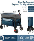 Beefy 350L Extra Large Collapsible Folding Wagon With Brake For Camping, Heavy Duty Outdoor Utility Cart, Unfolded And Folded View, Blue