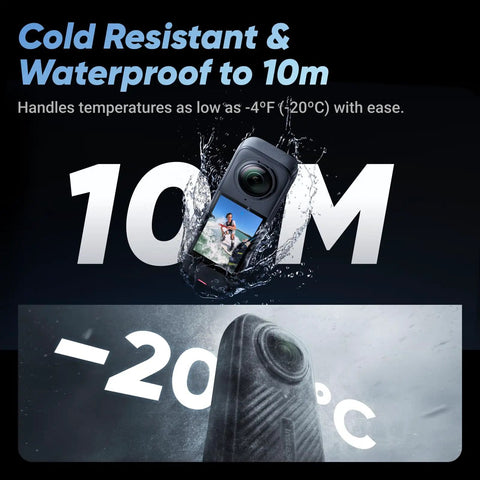 X4 8K 360 Action Camera Bundle With Waterproof Build Pro Grade 4K Wide Angle Video in cold and wet conditions, 10m depth, -20°C