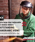 Man wearing MAXVIEW Premium Face Shield with 370 Speed Dial Ratcheting Headgear, ANSI Z87.1 Rated Safety Shield while grinding metal