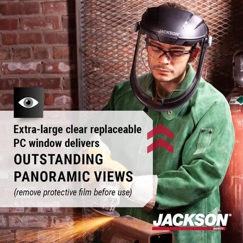 Man wearing MAXVIEW Premium Face Shield with 370 Speed Dial Ratcheting Headgear, ANSI Z87.1 Rated Safety Shield while grinding metal
