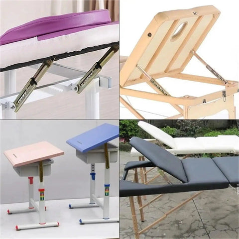 Ten Gear Adjustable Lift Support Hinge With Pneumatic Lift System on various tables and chairs, demonstrating multi-level angle locking.