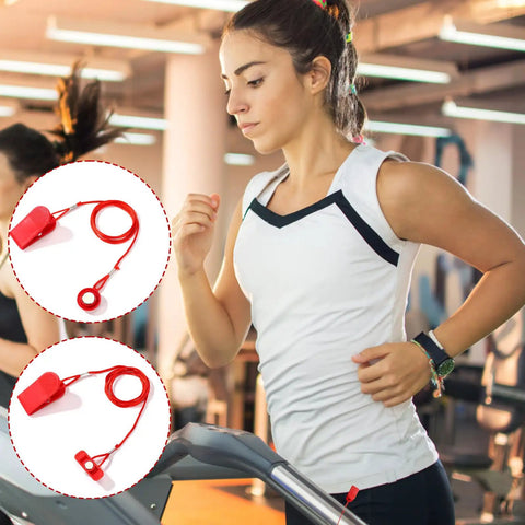 Two Pack Universal Treadmill Magnetic Safety Keys Red Emergency Stop Clips, woman running in gym