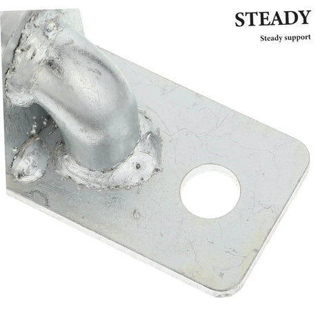 Close-up of Built Like A Tank Heavy Duty Wall Mounted Fence Post Hinges Silver with welded joint and hole for secure installation.
