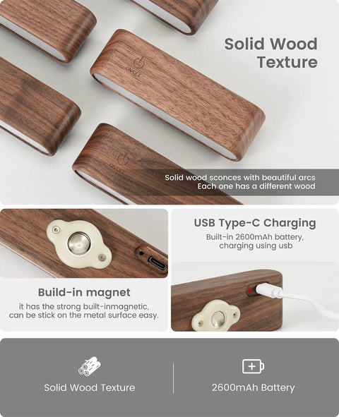 Legit Rechargeable Solid Wood Wall Sconces, Set Of Two Magnetic Bedside Reading Lights, showing USB-C charging ports and solid wood texture.