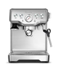 Pro Level Espresso Machine With A Rock Solid Steam Wand For Silky Microfoam And Volumetric Shot Control In Heavy Duty Brushed Stainless Steel Frame seen from the front.