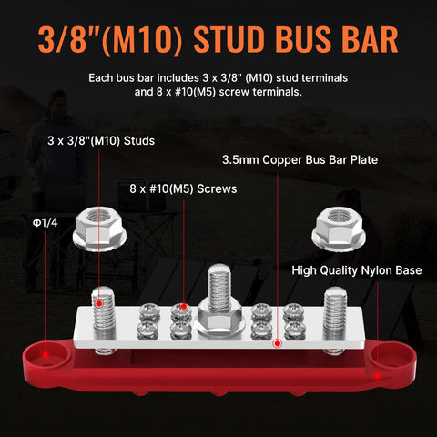 Heavy Duty 250 Amp 12V Power Distribution Block Pair Featuring Thickened Copper Plates Secure Screw Down Covers And Full M10 Thread Studs Built Rock Solid For Marine Battery Installations with stud terminals and screw slots.