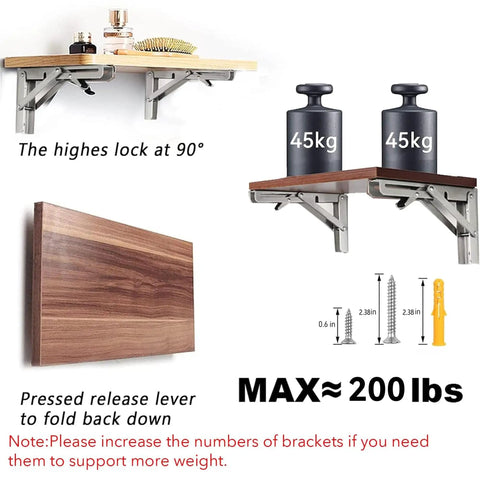 Heavy Duty Stainless Steel Folding Shelf Brackets Rock Solid Collapsible Wall Mounts with 45kg weights and wooden shelf.