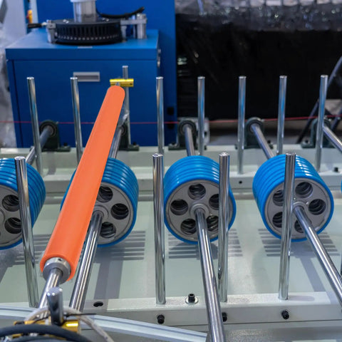 Patikul 2Pcs Heavy Duty Conveyor Rollers, 8 Inch Long Orange Rubber Coated Steel Transfer Wheels in a machine setup.