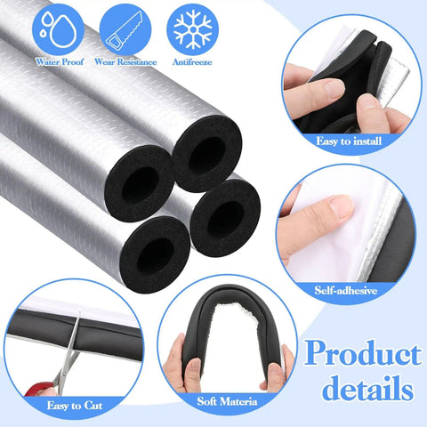 Close-up of self adhesive pipe insulation foam tube kit with 32.8 ft of 2 inch wide foam showing installation process and features
