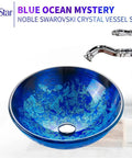 Star Blue Ocean Mystery Glass Vessel Sink For Above Counter Vanity with Swan neck faucet, Starry Blue Finish