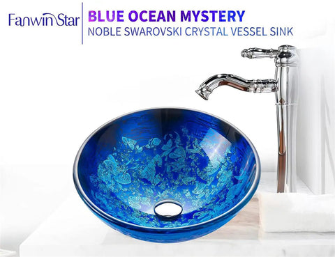 Star Blue Ocean Mystery Glass Vessel Sink For Above Counter Vanity with Swan neck faucet, Starry Blue Finish