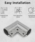 4 Pack Aluminum Gate Corner Elbows For Chain Link Fences, 90 Degree Angle Connector, galvanized aluminum, front view.