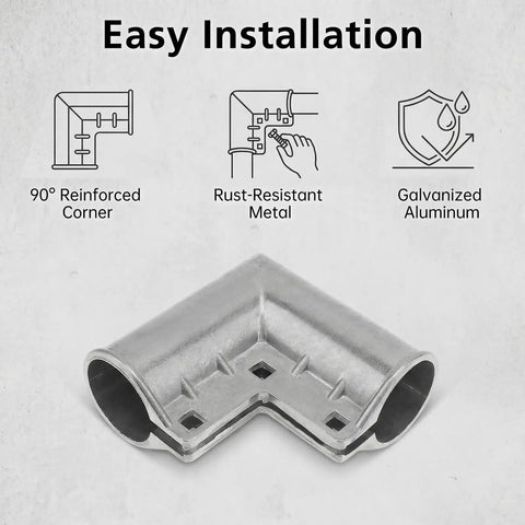 4 Pack Aluminum Gate Corner Elbows For Chain Link Fences, 90 Degree Angle Connector, galvanized aluminum, front view.