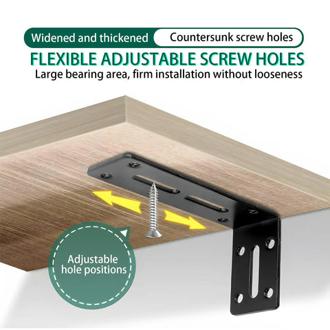 Beefy Heavy Duty L Shaped Shelf Brackets Set Of 6 In Black Alloy Thickened 0.11 Inch Arms with adjustable countersunk screw holes