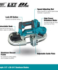 Compact 18V Cordless Brushless Portable Band Saw Featuring No Fuss Blade Setup Variable Speed Throttle And Rugged Aluminum Guide Rail with speed dial and lock-off button.