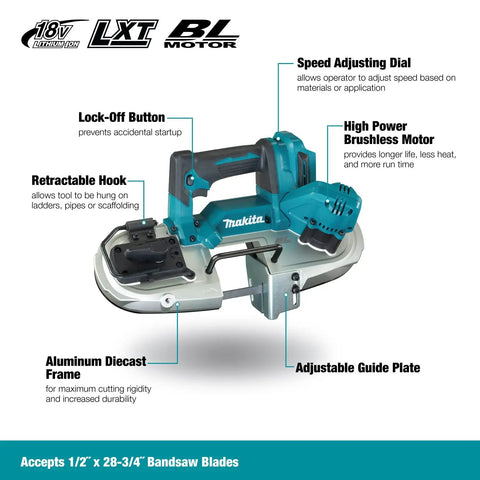 Compact 18V Cordless Brushless Portable Band Saw Featuring No Fuss Blade Setup Variable Speed Throttle And Rugged Aluminum Guide Rail with speed dial and lock-off button.