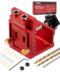 Badass Pocket Hole Jig Kit With Adjustable Drill Guide For Tight Woodworking Joints, red steel frame and accessories for DIY projects.