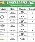 Shade Sail Hardware Kit 52Pcs Stainless Steel Heavy Duty Anti Rust For Outdoor Patio Garden Canopy accessory list chart.