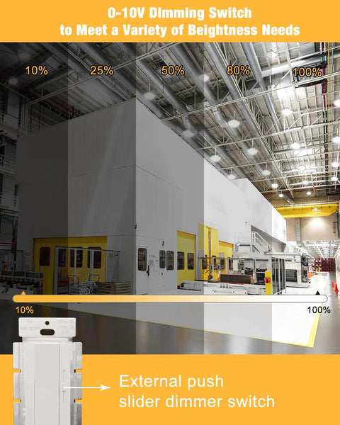 Rock Solid 0-10V LED Dimmer Switch For Single Pole Or Three Way Wiring displaying light brightness levels from 10% to 100% in a factory setting.