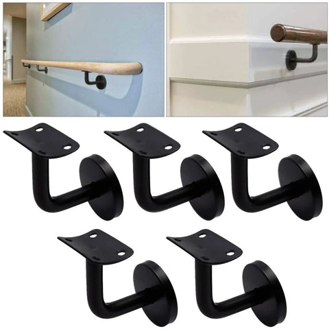 5 Pack Black Stainless Steel Handrail Brackets For Heavy Duty Staircase Support With Included Screws And Hardware, 80 Mm By 60 Mm For Angled Installations shown with mounted examples.