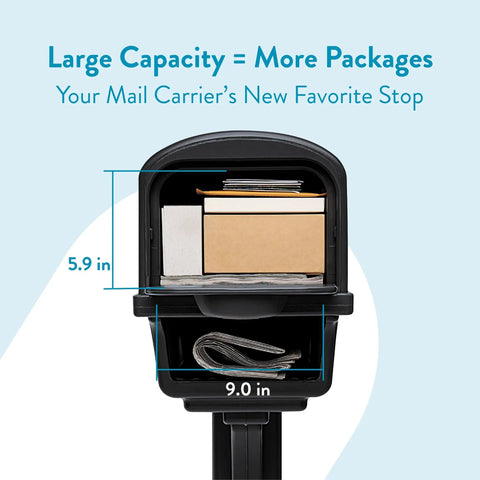 Interior view of Top Shelf Heavy Duty Double Wall Plastic Mailbox And Post Kit With Dual Access showing large capacity for packages.