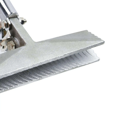 Close-up of Heavy Duty 6 Inch Sheet Metal Bender Pliers With Straight Head For Roofing And Metalwork, textured steel head.