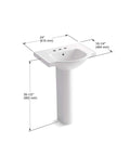 Veer Pedestal Bathroom Sink With 4 Inch Centerset Faucet Holes, 24 Inch Width, Sandbar Finish, shown with dimensions