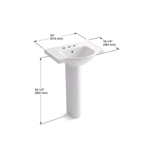 Veer Pedestal Bathroom Sink With 4 Inch Centerset Faucet Holes, 24 Inch Width, Sandbar Finish, shown with dimensions