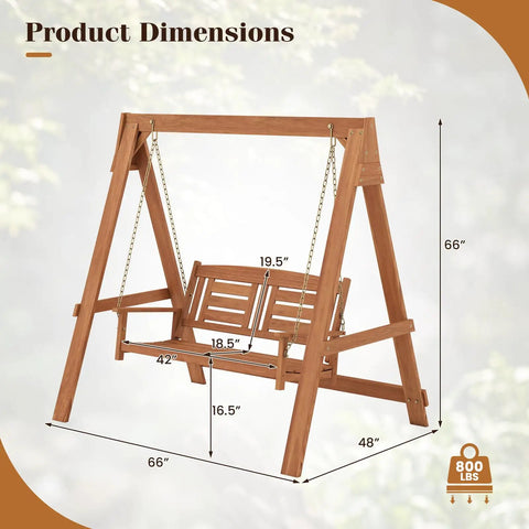 Two Seater Porch Swing With Stand, Solid Wood Patio Loveseat With Adjustable Chains, Built In Backrest And Armrests, Outdoor Swing Bench With Dimensions Shown