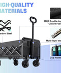 Image of Heavy Duty Collapsible Wagon Cart with wheels, showing carbon steel frame, 600D Oxford fabric, cup holders, and details of materials.