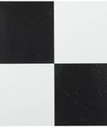 Black and white pattern on self adhesive 12 inch vinyl floor tiles set of 20, peel and stick DIY flooring for kitchen, dining room, bedroom, and bathroom makeover.