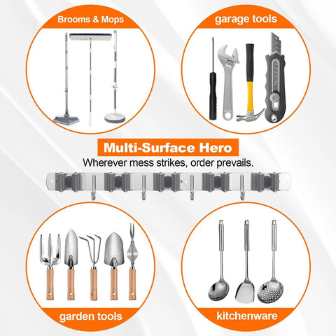 Heavy Duty Wall Mount Broom Holder And Mop Organizer Rack With Five Racks And Four Hooks Rustproof Stainless Steel Wall Storage