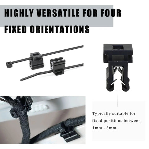 Four Way Zip Tie Mounts With Snap-In Steel Grip Clips, 50-Pack Adhesive-Free Cable Management Mounts shown with cable attachment
