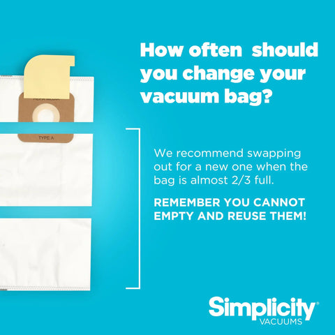 Graphic showing Type A HEPA Vacuum Bag Set for S20EZM with usage tips and Symmetry fits information, tight seal emphasis.