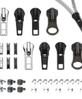 Ultimate 39 Piece Zipper Repair Kit with replacement sliders and teeth in black, silver, and bronze for backpacks and jackets.