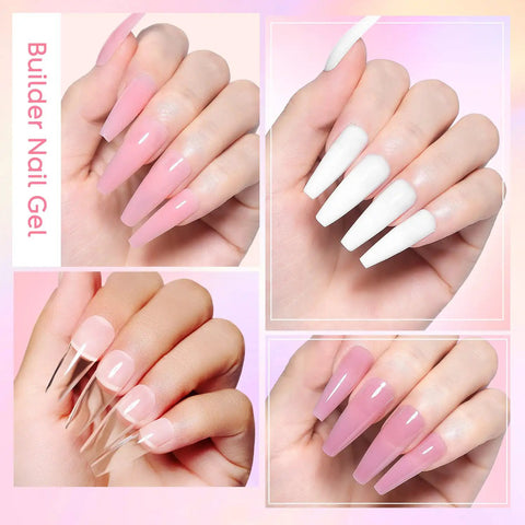 Hema-Free Poly Nail Extension Gel Kit with 6 colors, showing pink, nude, and clear gel nails with glossy finish.