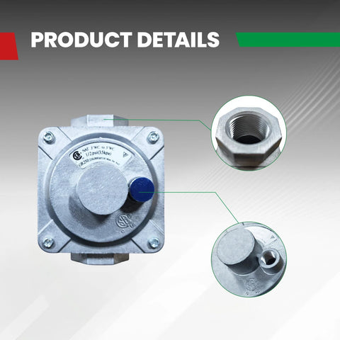 Front view of natural gas pressure regulator with 3/4 in. NPT outlet, metal housing and blue adjustment knob