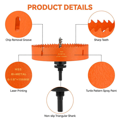 Close-up of 6-1/8 Inch Bi-Metal Hole Saw Kit for Recessed LED Lights with focus on sharp teeth and chip removal groove.