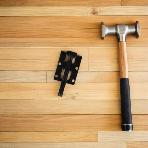Adjustable Furniture Leveling Feet Set with Heavy Duty PVC and Steel Construction shown with installation tools on wood floor.