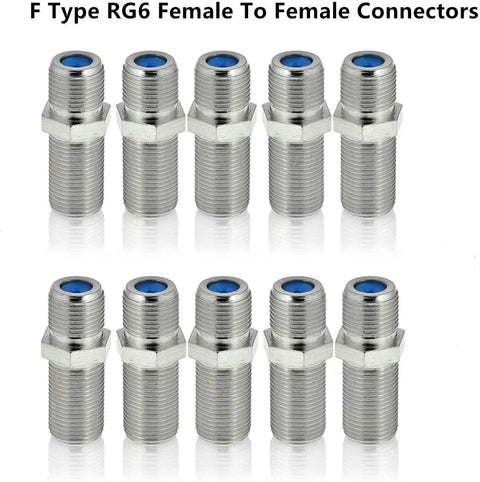 Image of 10 silver F Type RG6 female to female coax connectors for Coax Cable Crimping Tool Kit With Adjustable Thumb Screw And Non Slip Handle.