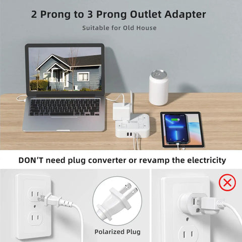 2 Prong To 3 Prong Power Strip Converter With 4 Outlets And 4 USB Ports, laptop and devices on desk