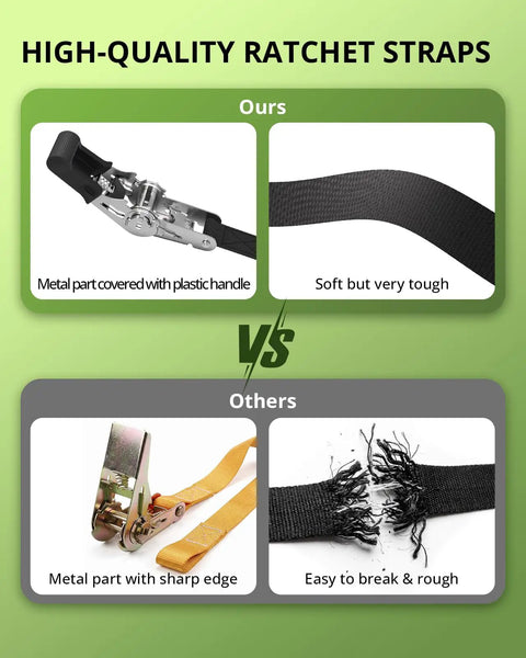 Rock Solid Hookless Ratchet Straps Pack A Slick Endless Loop Design For Zero Scratch Damage And Hardened Closure Mechanisms Making Load Handling Hella Easy In This Reliable Two Pack comparison image showing features of high-quality ratchet straps.