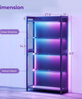 Four Tier Tempered Glass Display Cabinet With RGB Led Lighting And Music Sync For Flexing Sneakers Figurines And Dope Collectibles In Any Game Night Vibes Setup, showcasing dimensions and details.
