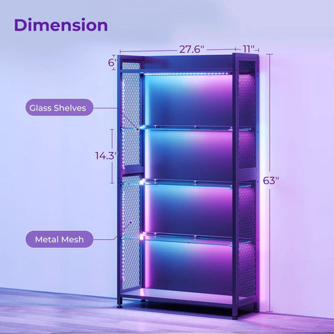 Four Tier Tempered Glass Display Cabinet With RGB Led Lighting And Music Sync For Flexing Sneakers Figurines And Dope Collectibles In Any Game Night Vibes Setup, showcasing dimensions and details.
