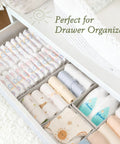 Slick 18 Piece Drawer Divider Kit Made From Tough As Nails Non Woven Fabric, organized baby diapers and apparel in drawer.
