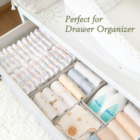 Slick 18 Piece Drawer Divider Kit Made From Tough As Nails Non Woven Fabric, organized baby diapers and apparel in drawer.